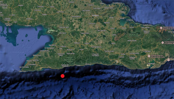 Localización del sismo de 4.0 registrado el 21 de noviembre de 2024 al sureste de Pilón, provincia de Granma. Imagen: Cenais.