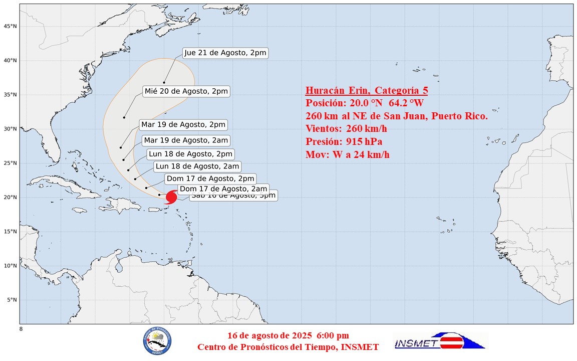 Huracán Erin al norte de las Antillas Menores
