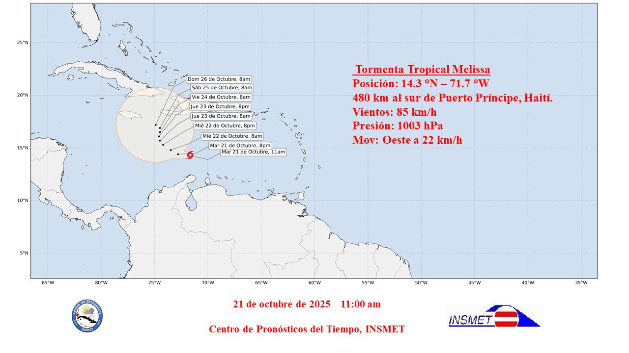 Aviso de ciclón tropical No.1: Se forma la tormenta tropical Melissa en el mar Caribe