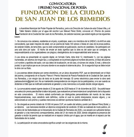 Anuncian Premio de poesía dedicado a la ciudad de Remedios