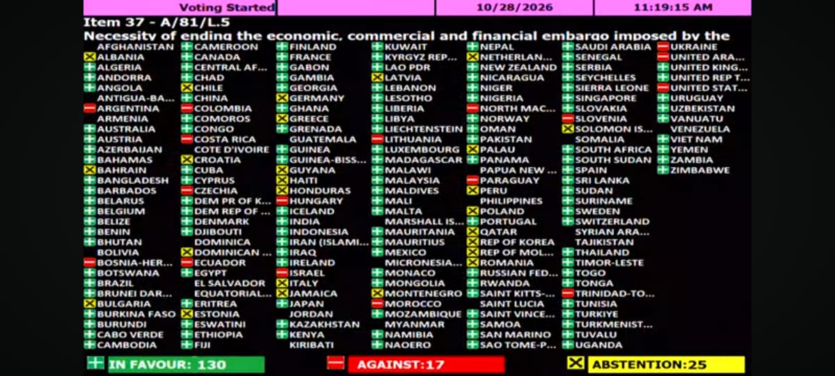 Victoria de Cuba: La amplia mayoría de la comunidad internacional volvió a condenar el bloqueo